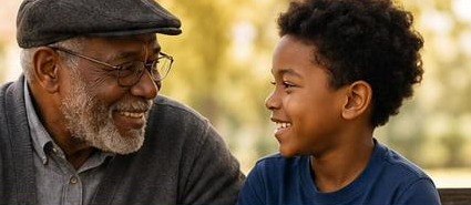 A grandfather and grandson talking together on a park bench